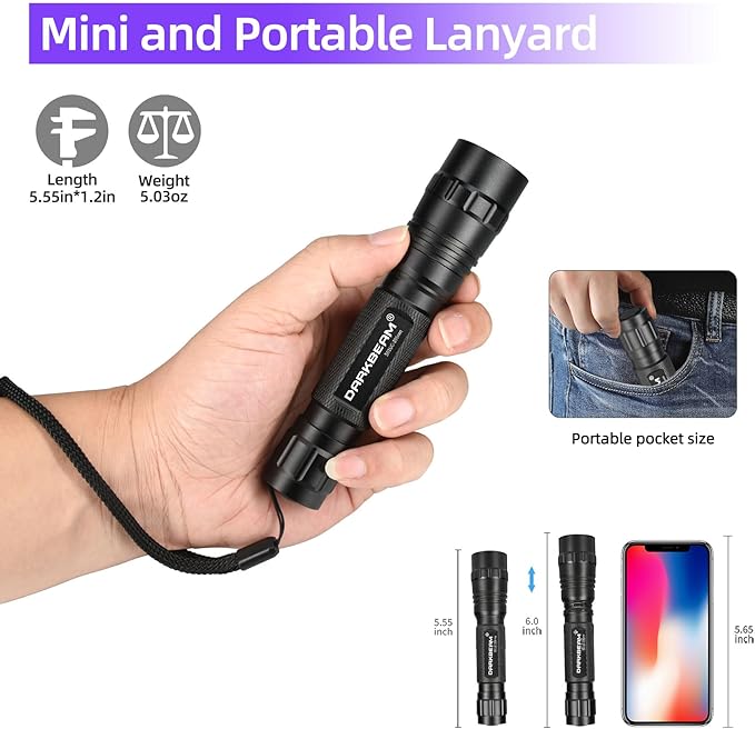 DARKBEAM Flashlight UV 395nm Black Light, Mini & Powerful Wood’s Lamp USB -C LED Rechargeable Blacklight, 10W Portable Pet Dog Urine Detector - Resin Curing, Fluorescent, Scorpion Detection