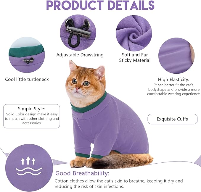 Sticky Cat Clothes Stretchy, Sphynx Hairless Sweater & Pajamas for Cats only, Soft Cat Onesie for Cats After Surgery Female Male & Hair Loss Prevention, Purple XS