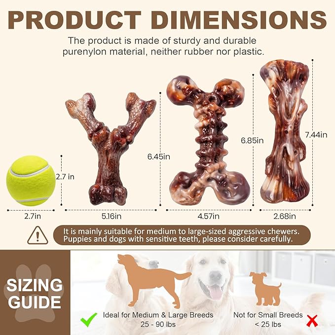 3-Pack Indestructible Dog Toys for Aggressive Chewers, Bacon Flavored Tough Nylon Bones for Medium Large Dogs (25-90 lbs), Heavy Duty Power Chew Toys, Super Big Dog Toys (Brown)