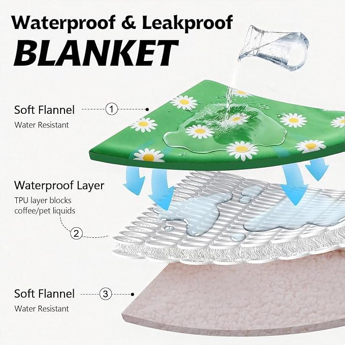 Qeils Pet Blankets for Cats - Waterproof Cat Blanket Washable - Sherpa Fleece Puppy Blanket, Soft Plush Reversible Throw Protector for Bed Couch Car Sofa, 50"X60", Daisy Flower
