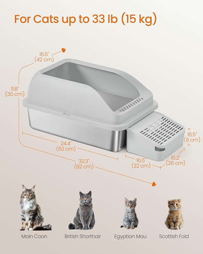 Feandrea Stainless Steel Cat Litter Box with Open Top, High Sided Litter Tray with Step, Scoop, Brush, for Cats up to 33 lb, Dove Gray UPPT008GD01
