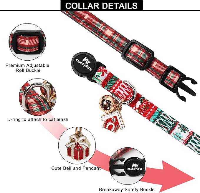 Christmas 2 Pack Cat Collar, Cute Soft Breakaway Kitty Collar with Bell&Pendent, Cotton Christmas Plaid Collar with Safety Buckle for Girl Boy Cats