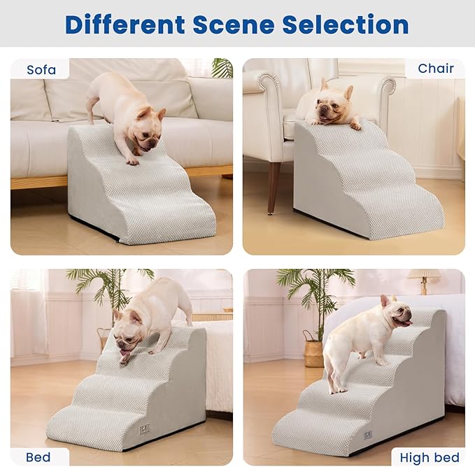 Dog Steps for Bed, 4 Step Pet Stairs for Small and Medium Dogs, Non-Slip Dog Ramp with Washable Cover, High-Density Support Foam for Easy Climbing,Light Grey