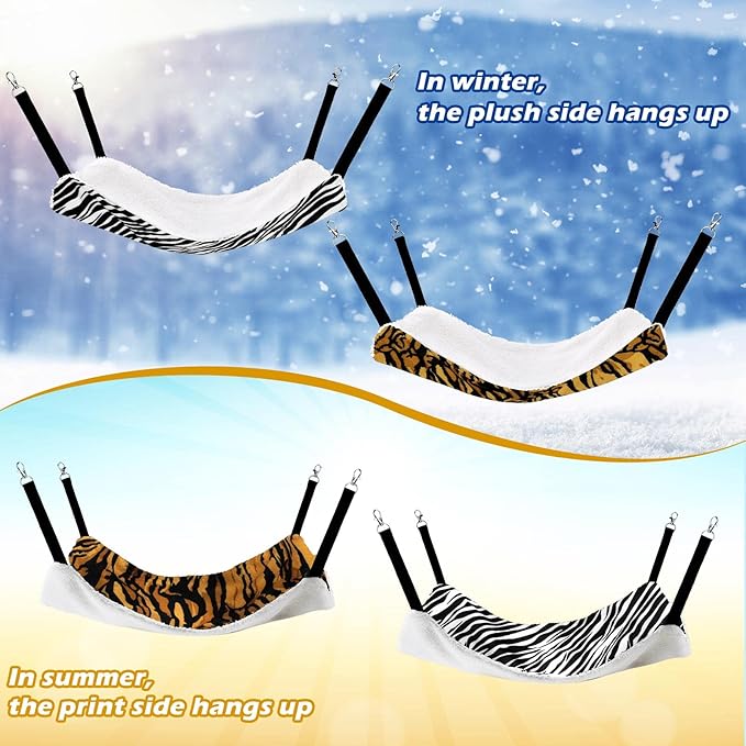 Jetec 2 Pieces Reversible Cat Hanging Hammock Soft Breathable Pet Cage Hammock with Adjustable Straps and Metal Hooks Double Sided Hanging Bed for Small Dogs Rabbits(Zebra, Tiger Stripes,L)