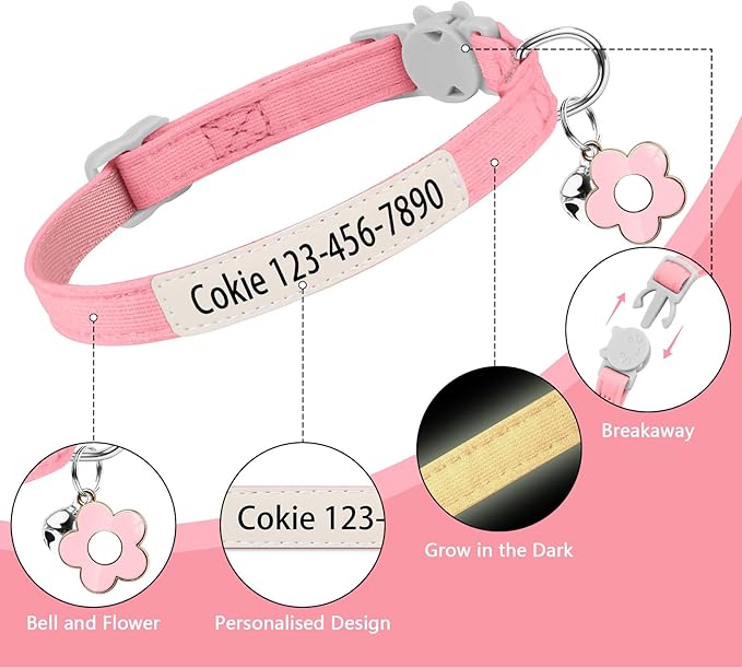 Personalised Glow in the Dark Cat Collar with Bell Flower Decoration, Custom UV-Printed Name & Phone Number, Luminous Adjustable Cat Collar Breakaway (Fluorescent Glow)