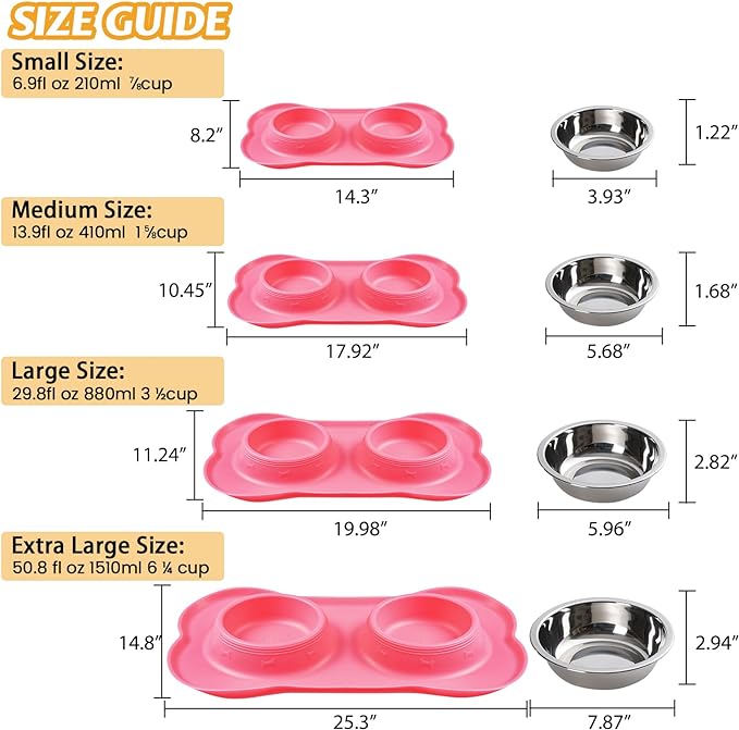 Hubulk Pet Dog Bowls 2 Stainless Steel Dog Bowl with No Spill Non-Skid Silicone Mat + Pet Food Scoop Water and Food Feeder Bowls for Feeding Small Medium Large Dogs Cats Puppies (M, Pink)