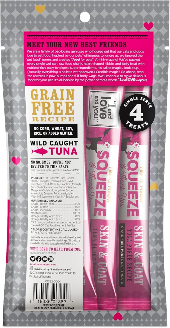 I AND LOVE AND YOU Treat Meow Lickable Cat Treats - Tuna Puree - Skin and Coat Support, Squeeze Treat, Omega 3s, 0.5oz, 4ct