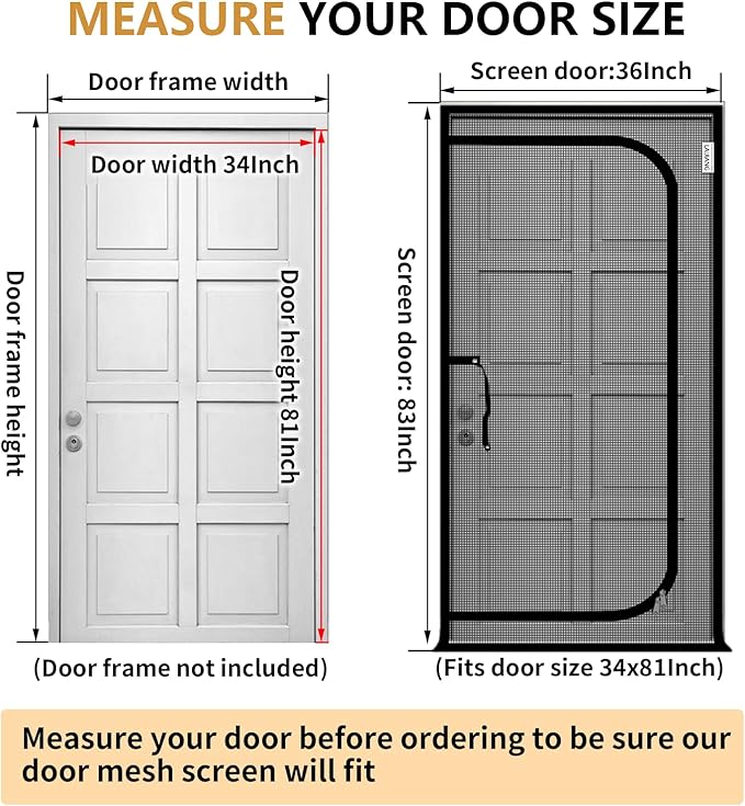 Cat Screen Door 32x83'' Reinforced Cats Resistant Mesh Screen Door with Zipper Closure, Pets Scratch Proof Screen Door for Living Room, Bedroom, Patio, Fits Openings 30x81''