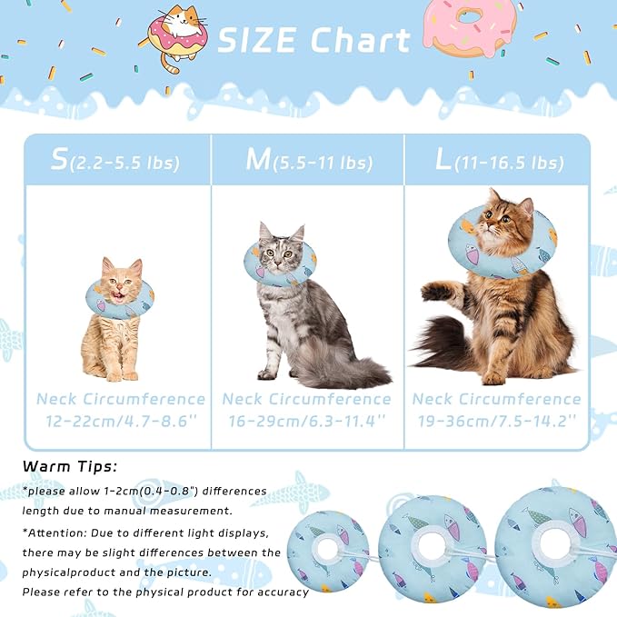 Seyezo Cat Cone Collar Soft, Adjustable Cat Recovery Collars Kitten Cones to Stop Licking, Cute Donut Cones for Cats After Surgery, Elizabethan Collar for Kittens After Spay(Blue Fish, Large)