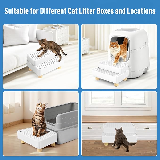 Extra Large 2 Steps Cat Litter Box Step Ramp, Cat Litter Catcher Mat with Wooden Feet, Filter Function, Cat's Pedal Stool for Self-Cleaning Litter, Suitable Kitten & Elderly Cats (White)
