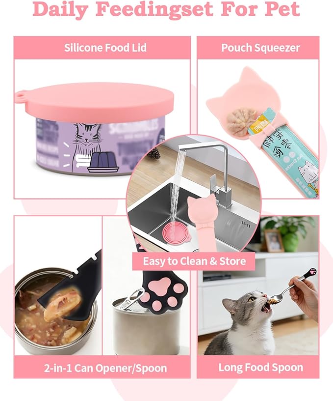 6 PCS Cat Food Can Covers Set, Reusable Silicone Can Lids with Opener, Stainless Steel Wet Food Spoon & Cat Treat Squeezer for Pet Feeding and Storage, Fits Cats & Dogs (Black Pink)