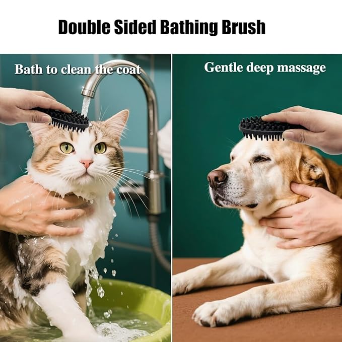 ROPO Double Sided Dog Bath Brush, Pet Grooming Tool with Long and Plum Blossom Teeth, Deep Cleaning and Massage (Blue+Black)