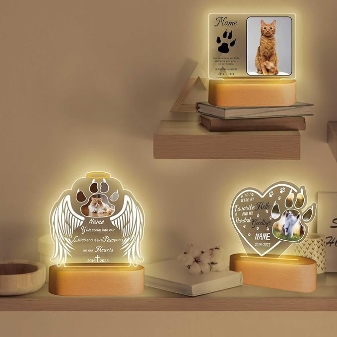 Custom Pet Memorial Night Light Gift Personalized Dog Cat Acrylic Plaque Photo Frame Sympathy Gift Condolence Gifts with Picture Name Date(Cat Paw Wing)