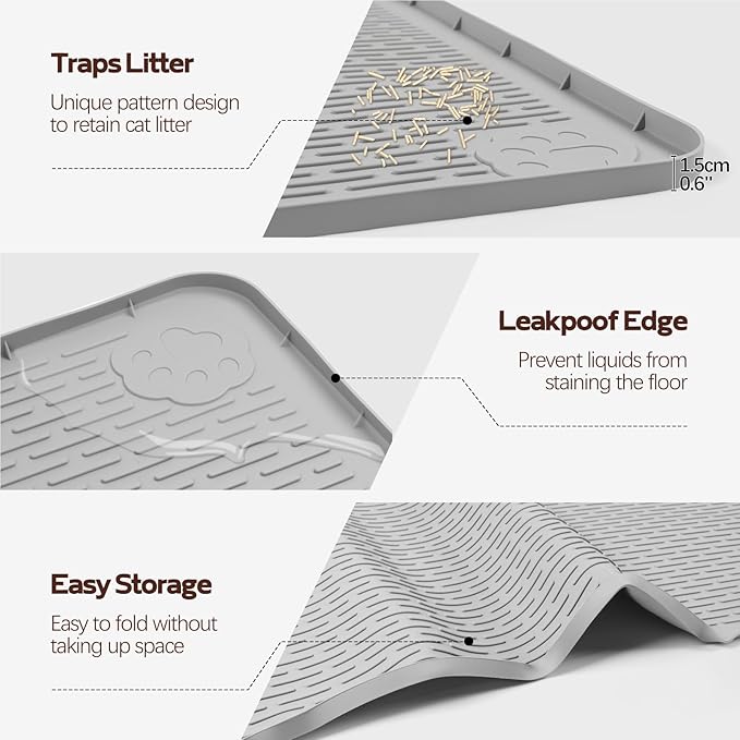 Cat Litter Mat, Extra Large 70" x 45" Silicone Mat Litter Trapping Mat for Scatter Control, Soft on Kitty Paws, Easy to Clean (Light Grey)