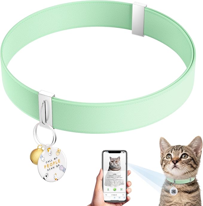 Cat Collar with QR Code Name Tag, Stretch Elastic Quick Release, Cat ID Tag Personalized, Ultra-Durable, Non Breakaway Lightweight Kitten Collar Fits Most Girl Boy Small Large Cats (Green)