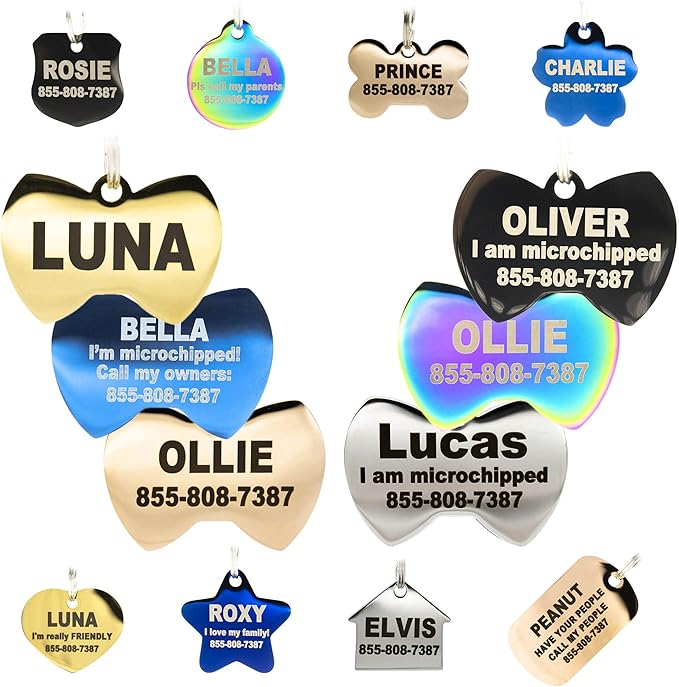 Engraved Dog Tags Personalized - Stainless Steel Engraved Dog Cat ID Tags Front & Back up to 8 Lines of Text Color Plating Gold, Rose Gold, Blue, Black, Nebula Bow-Tie Small