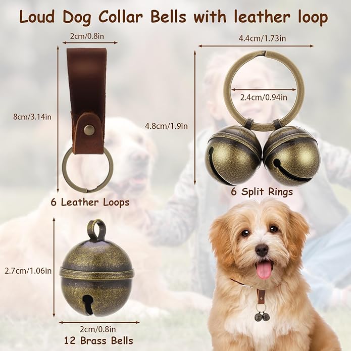 Dog Bells for Pet Tracking, 12PCS Extra Loud Dog and Cat Bells for Collar, Vintage Copper Collar Charms Pendant with 6 Leather Button Strap for Outdoor Safety, Pet Tracking