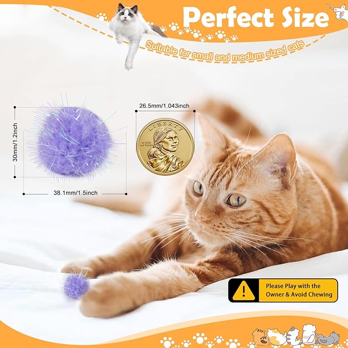 DF DUALFERV 60 Pcs Cat Pom Pom Balls, Interactive Cat Toys, Sparkle Balls for Cats, Extra Large and Fuzzy for Exercise and Entertainment, Multicolor, 1.5 Inch (60)