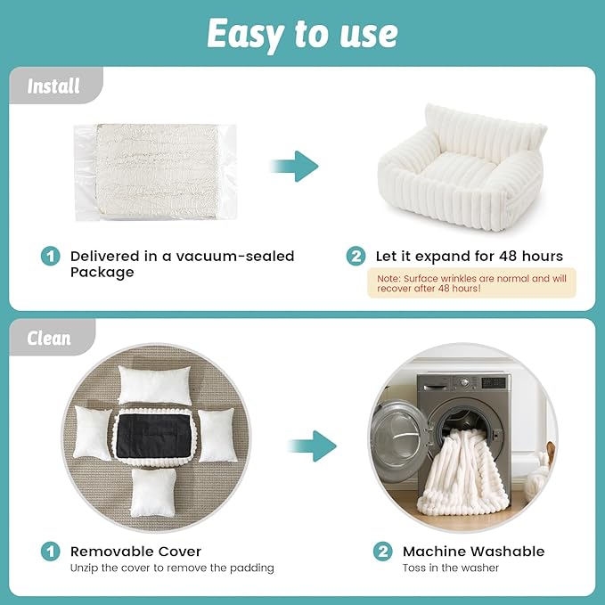Cute Cat Bed with Removable Cover, Multifunctional Plush Faux Fur Pet Couch Bed with Blanket, Ultra-Soft Pet Furniture for Cats & Small Dogs (Cream, M: 32''x24'')