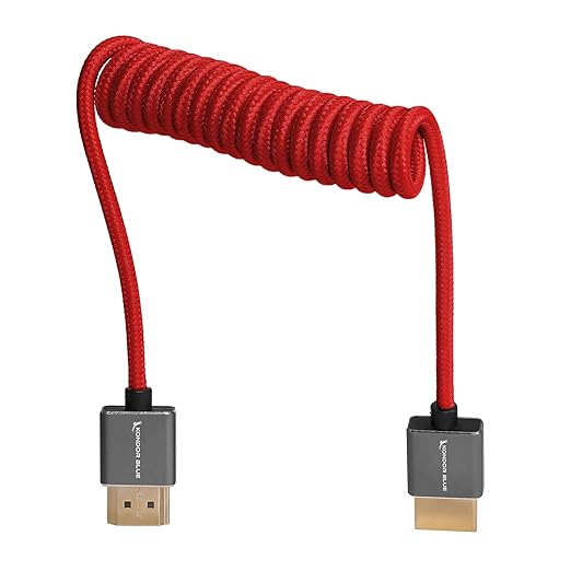 KONDOR BLUE | Ful HDMI 2.0 Type A Male to Male 12"- 24" Coiled Braided Cable | 4K 60Hz 18Gbps, HDR, 3D, Reinforced | for On-Camera Monitors & Recorders + More | Red