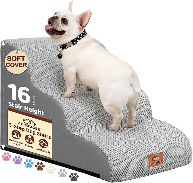 Dog Ramp and Stair for Bed 16" H-20 H,3-Step Cat Stair for Sofa and Chair,4-Step Dog Ramp for High Bed and Window,Durable Nonslip Fabric Cover for Indoor (Light Grey-16 H, Pet Friendly, 3)