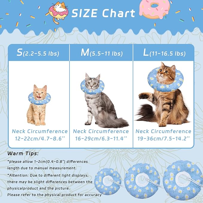 Seyezo Cat Cone Collar Soft, Adjustable Cat Recovery Collars Kitten Cones to Stop Licking, Cute Donut E Collar After Surgery, Anti-Lick Wound Healing Elizabethan Collar for Kitten(Blue Daisy, Medium)