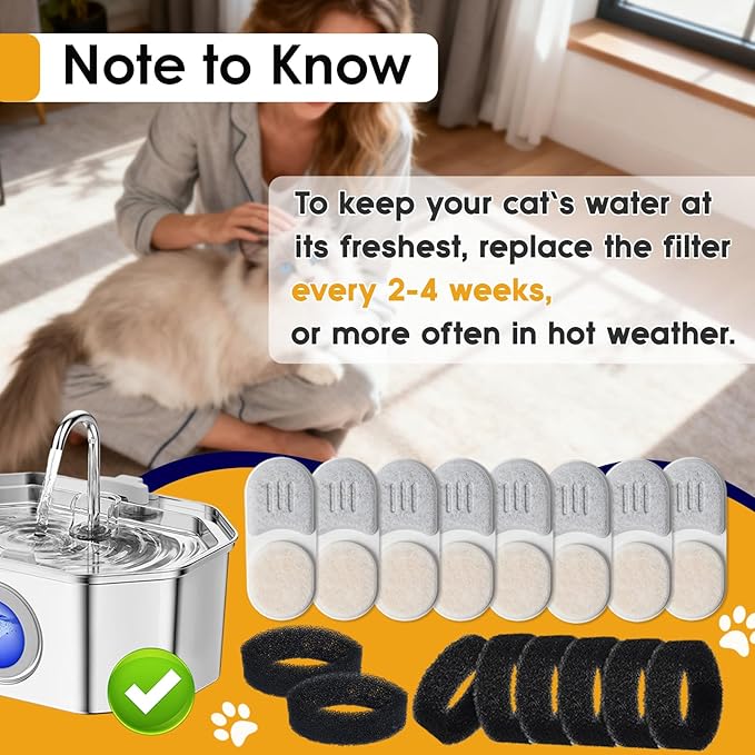 16+16 Pack Cat Water Fountain Filters Replacement Set Compatible with APAUK Stainless Steel 108oz/3.2L Pet Water Dispenser, Includes 16 Filters & 16 Sponges for 6-Month Supply
