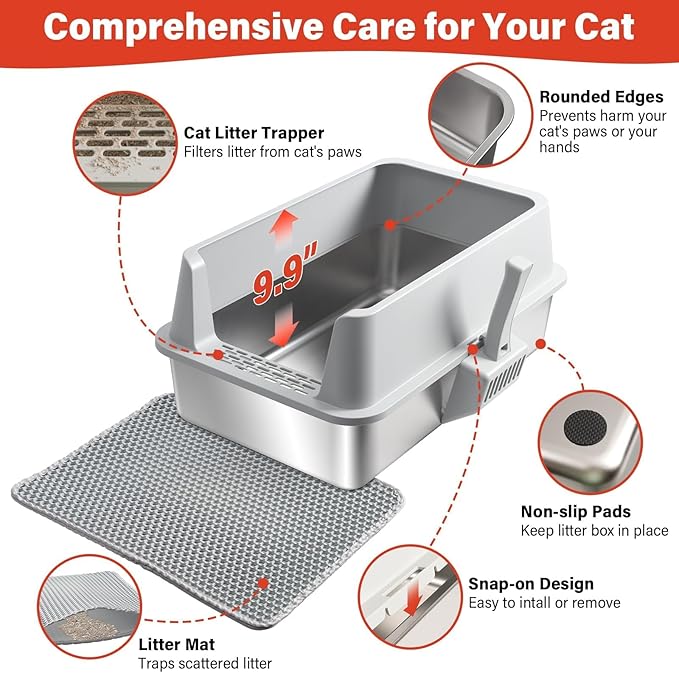 Stainless Steel Cat Litter Box, XL Metal Litter Box with High Sides Lid, Extra Large Cat Litter Boxes for Big Cats, Anti-Urine Leakage, Easy Cleaning, Odor Free, Non-Sticky, Include Scoop and Mat
