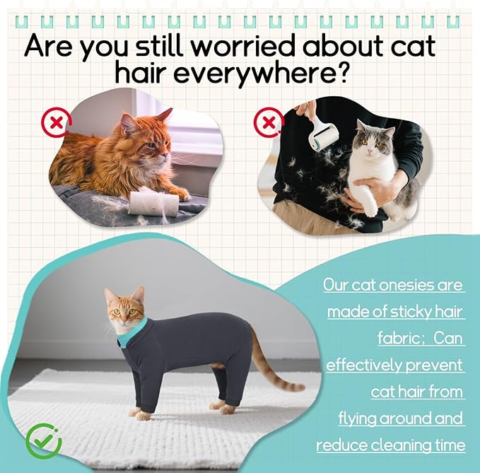 T'CHAQUE Sticky Hair Cat Onesie - Soft Long Sleeve Cat Pajamas, Anti-Shedding,Surgery Recovery Suit, Wound Protection & Preventing Licking, Kitten Sweaters for Male Female, Darkgray-XS