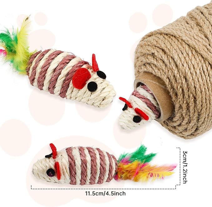 262 ft Sisal Rope for Cat Scratcher, 4mm Thick Rope for Cat Scratch Post, Twine for Cat Scratching Post Replacements, DIY Hemp Twine Rope with 4 Random Colors Mouse Ornaments