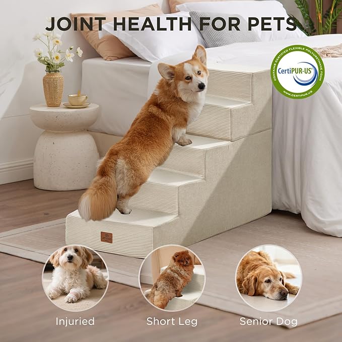 Joydeco Dog Stairs for Bed 25" H, 5-Step Pet Steps for Small Dogs and Cats, Dog Steps for High Bed, Non-Slip Balanced Ramp Indoor Pet Stairs, Beige