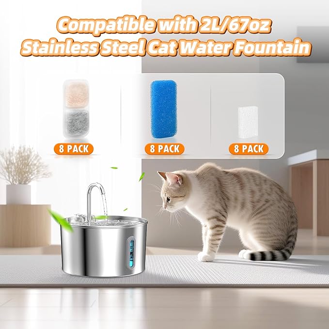 8 Sets Cat Water Fountain Filter Compatible with oneisall 67oz/2L Stainless Steel Cat Water Fountain, Activated Carbon Ion Resin Food Grade PP Cotton, Fresh and Clean