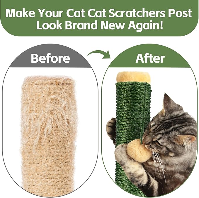 Green Natural Sisal Rope for Cat Scratcher Tree Thick 5-mm 1/5 Inch by 150 Feet, Cat Tower Climbing Twine for Cat Scratching Post Replacement, Scratch Post Repairing, Replace, Recovering and DIY