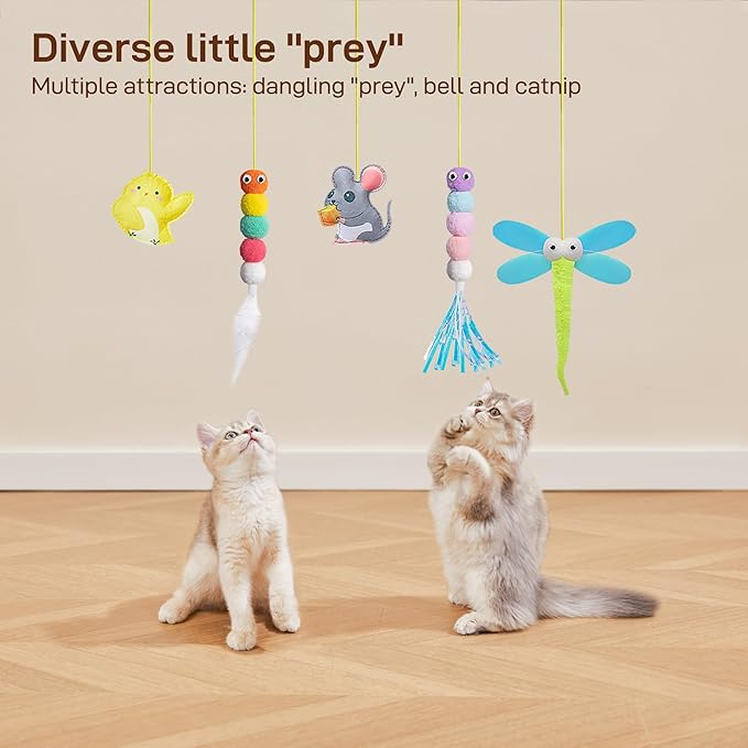 Potaroma Interactive Cat Feather Toys 5 Pcs, Cat Teaser Retractable Hanging Indoor Kitten Play Chase Exercise, Mental Physical Stimulation for All Breeds and Species (Pack of 2)