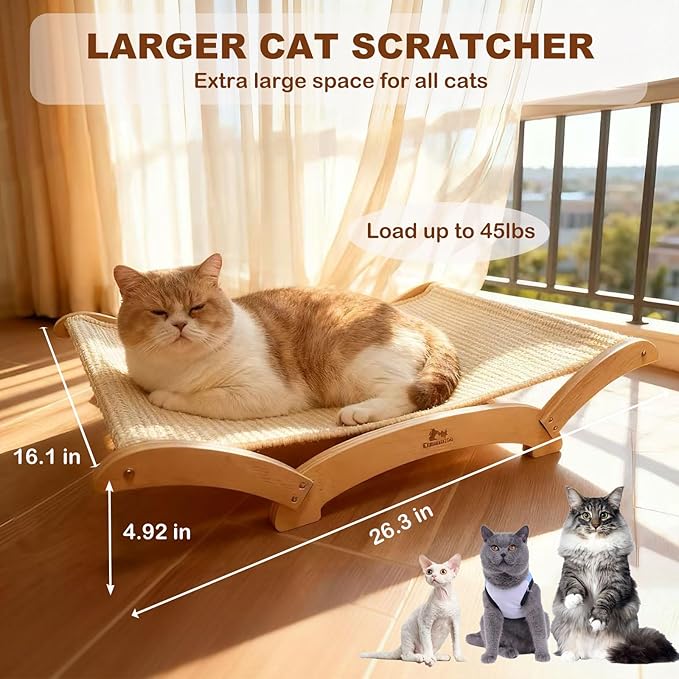 Extra-Large Sisal Cat Scratcher Bed for Indoor Cats, Cat Scratching Post with Hammock Nartural Sisal Scratch Pad for Large Cats Scratcher Lounge Chair, Wooden Cat Furniture