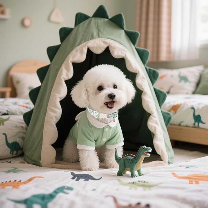 Maca Bates Spring Green Cute Dinosaur Basic Dog Collar for Small Boy Girl Dogs,Durable Soft Adjustable Collars Gift for Male Female Puppy Pet with Safety White Buckle