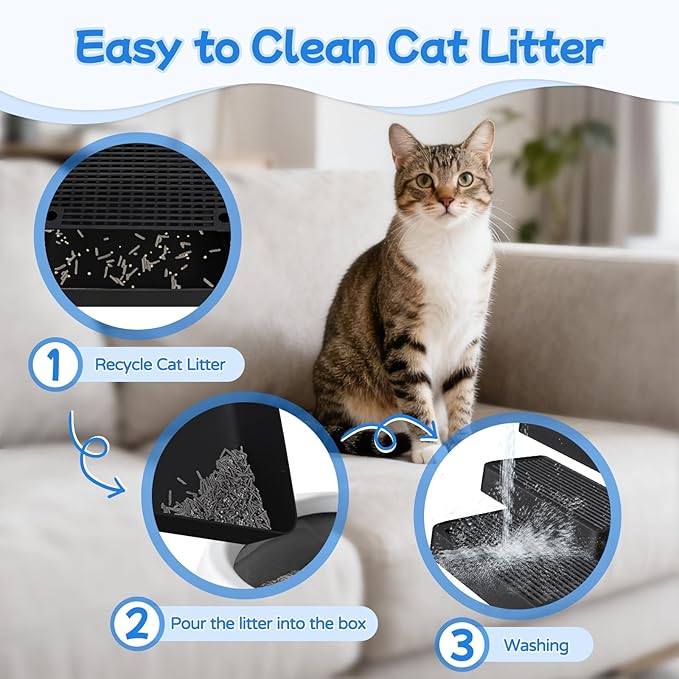 Extra Large 3 Steps Litter Box Ramp, Adjustable Cat Litter Box Step with Filter Function, Easy to Clean Cat Litter Stair Catcher for Elderly Cats and Kitten (Black)