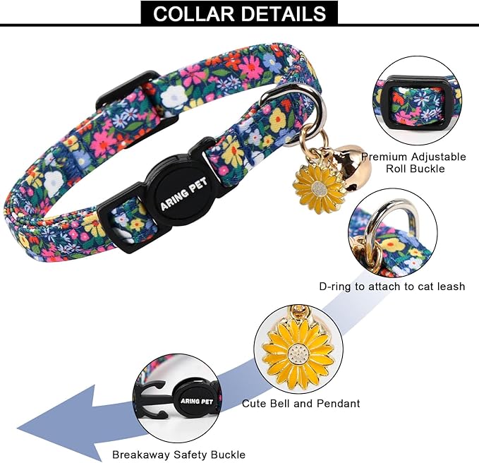 ARING PET 2 Pack Cat Collar, Breakaway Kitten Small Cute Pink Floral Bow Collars with Bells for Girl Female Cats