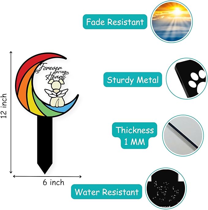 Rainbow Bridge Memorial Grave Marker – 12in Angel Pet Grave Tribute, Weatherproof Loss Gift with Colorful Moon Design, Garden Decoration for Rainbow Bridge Dog Lovers
