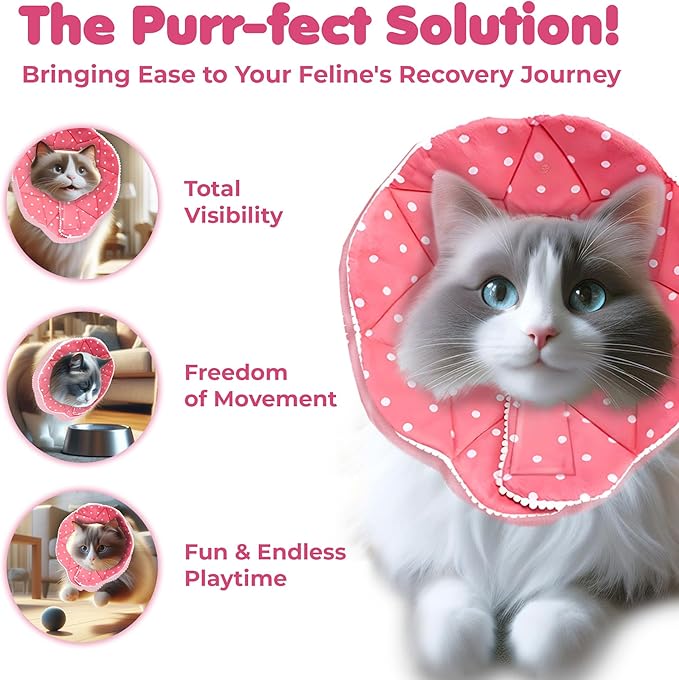 SunGrow Cat Cone Collar Soft, Stop Licking E Collar for Recovery, Post Surgery Stress Relieving with Adjustable Strap Enclosures (7" - 9" Neck Size, Pink)