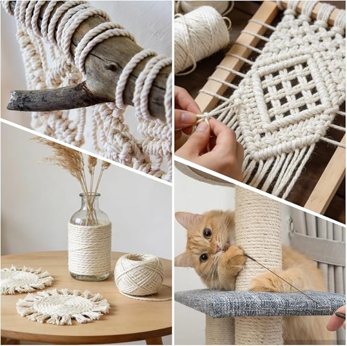 Natural Sisal Rope for Cat Scratcher Replacement, Durable Cat Tree Post Repair Cord for DIY Projects, Climbing Towers, Furniture Protection, Scratch Pad, Crafts, Garden, and Home Décor Use