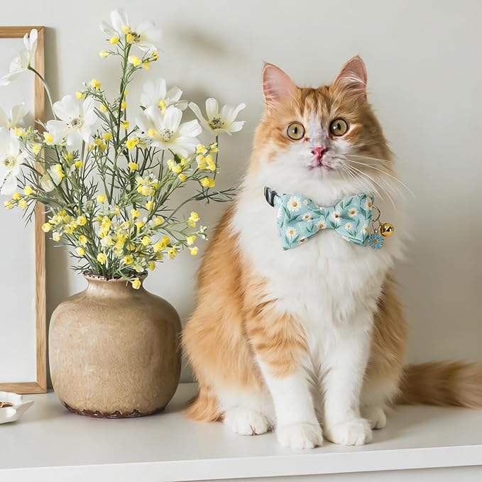 JarThenaAMCS 3 Pcs Daisy Flower Cat Collar with Breakaway Bell Bow Tie Pink Blue Black Floral Adjustable Kitten Collars for Spring Summer Girl Boy Cats Small Pet Party