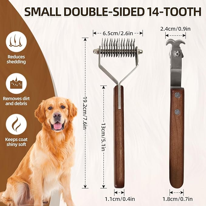 Large 2-Sided Undercoat Rake for Dogs and Cats，Professional Pet Grooming Shedding Tool Combs for animals，Stainless Steel with Wooden Handle for Thick Coats(14-Blades)