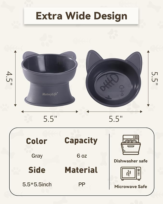 MateeyLife Raised Cat Bowls, Cat Food Bowl Elevated for Kittens & Small Dogs, 15°Tilted Protect Pets' Neck and Anti Vomiting, Whisker Friendly Food & Water Feeding Bowl, 6 oz Each - Gray