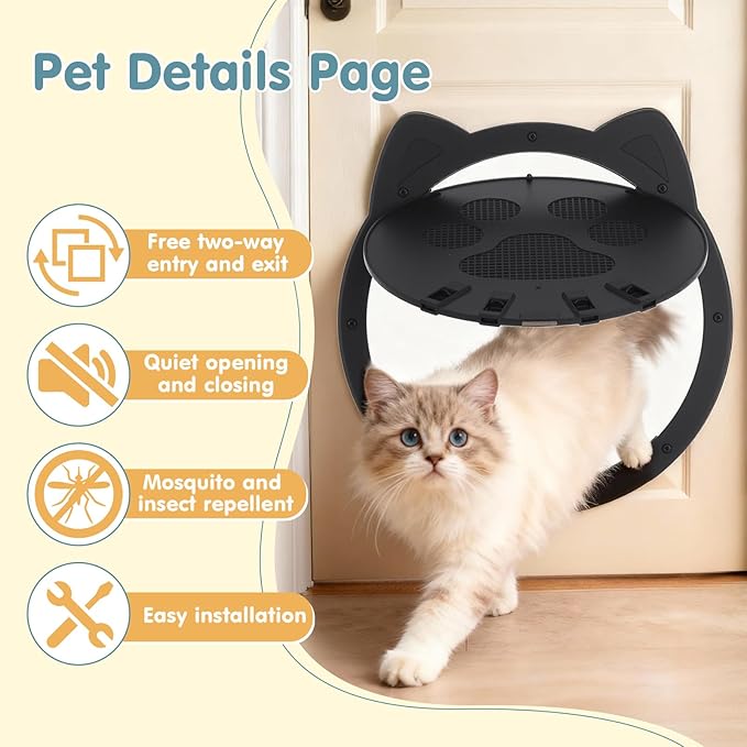 Cat Door for Screen Door, Cat Screen Door, Pet Screen Doors with Lockable Magnetic Flap for Doggy and Cat, 11.42 x 8.66 x 0.39in (Black)