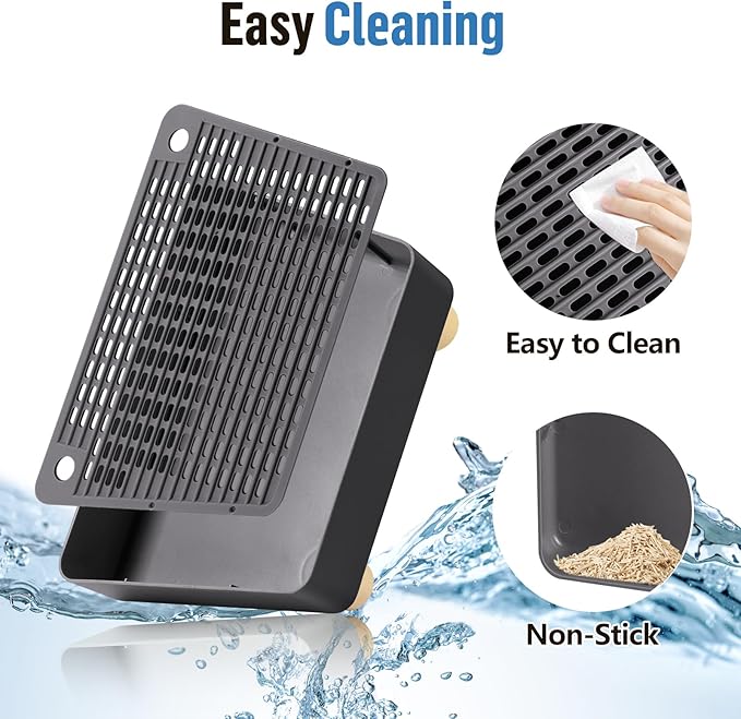 Extra Large Cat Litter Box Step Ramp, Cat's Litter Catcher Mat with Wooden Feet, Filter Function, Pedal Stool for Self-Cleaning Cat Litter Box, Ideal for Kitten & Elderly Cats (Dark Grey)