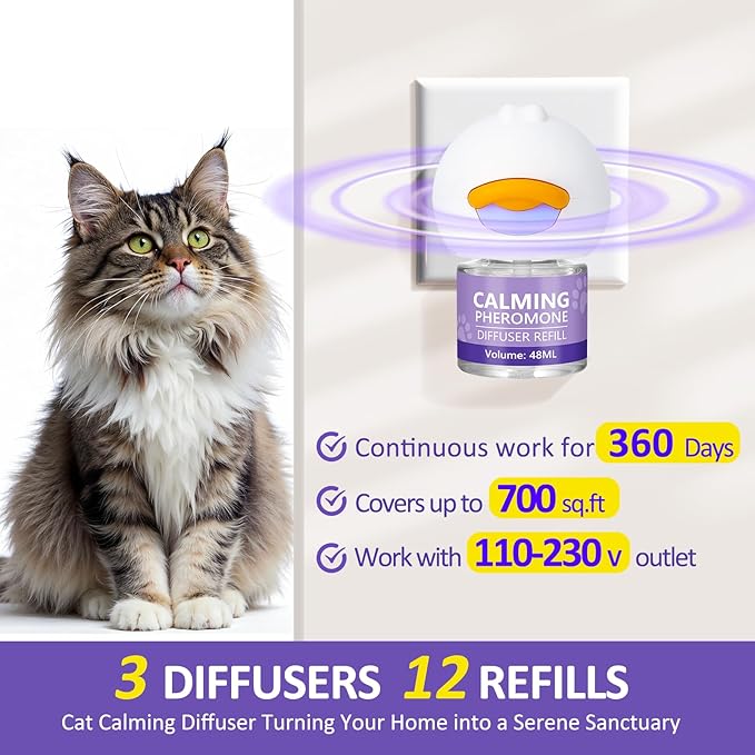 OcePor Cat Calming Diffuser 12 Refill Solutions,3 Plugs- Cat Pheromones Calming Diffuser Refill,pheromone Diffuser to Calm Cats,Cat Anxiety Relief