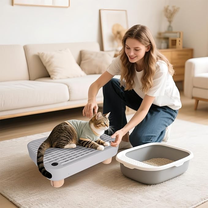 Cat Ramp Litter Box Step, Small Senior Cat Litter Box Mats Ramp for Floor with Wooden Base, Low Entry Cute Cats Food Mat Stairs Prevent Tracking, Silicone Small Litter Boxes Shield Catcher Mat Grey