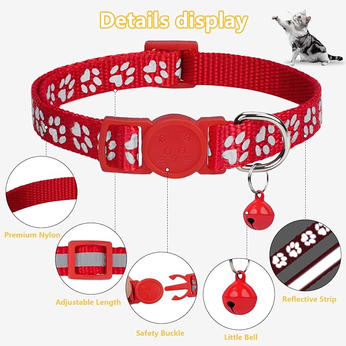 Taglory Reflective Cat Collar Breakaway with Bell, High Visibility Night Strip, Lightweight Adjustable Nylon Collar for Boy Girl Cats, 2 Pack, 7.5-12.5 Inch, Red