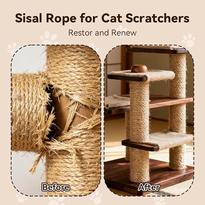 Natural Sisal Rope for Cat Scratcher Replacement, Durable Cat Tree Post Repair Cord for DIY Projects, Climbing Towers, Furniture Protection, Scratch Pad, Crafts, Garden, and Home Décor Use